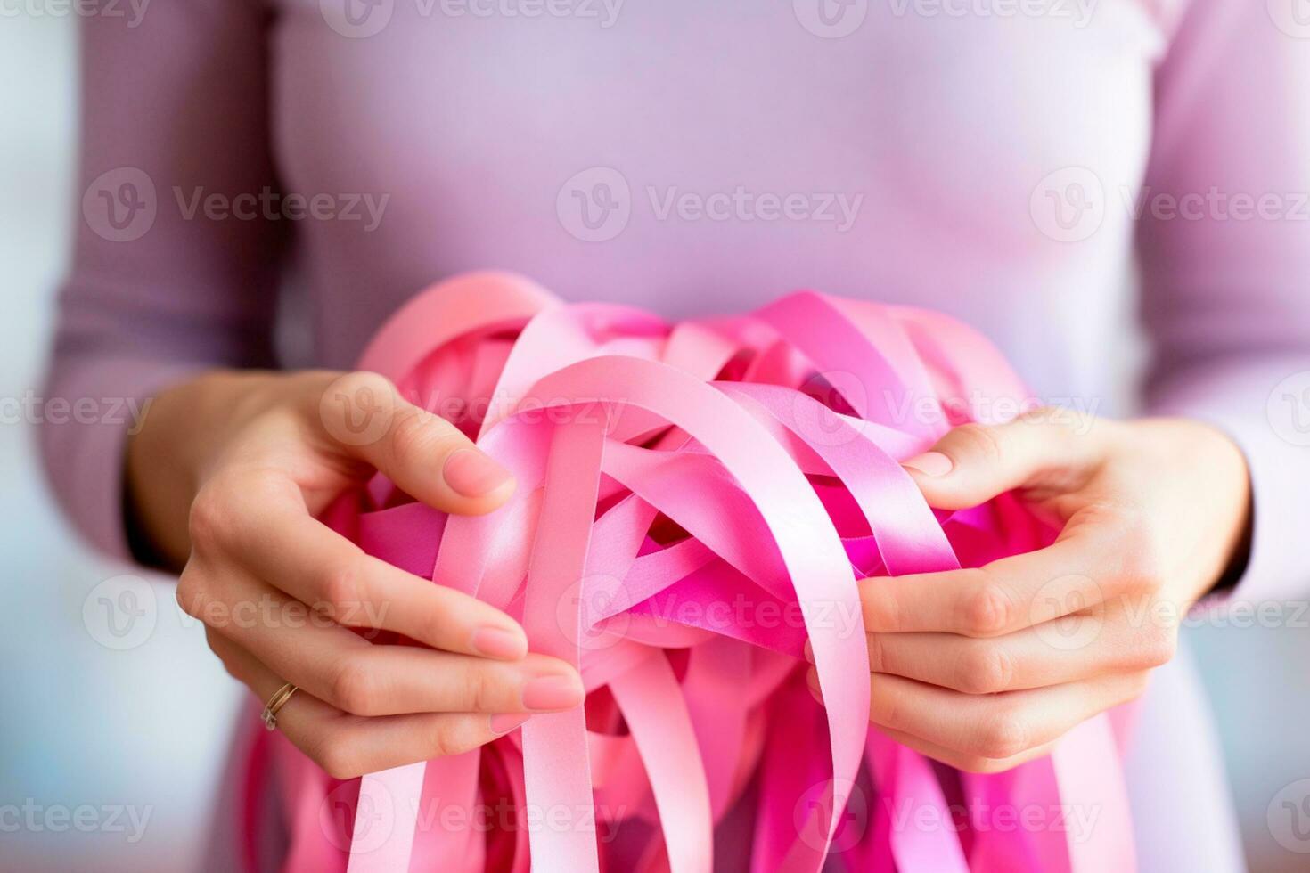 rosado octubre - mujer participación cintas en rosado tonos, un símbolo de conciencia para el temprano detección de pecho cáncer.juntos, nosotros son más fuerte. nosotros será golpear pecho cáncer. ai generativo foto