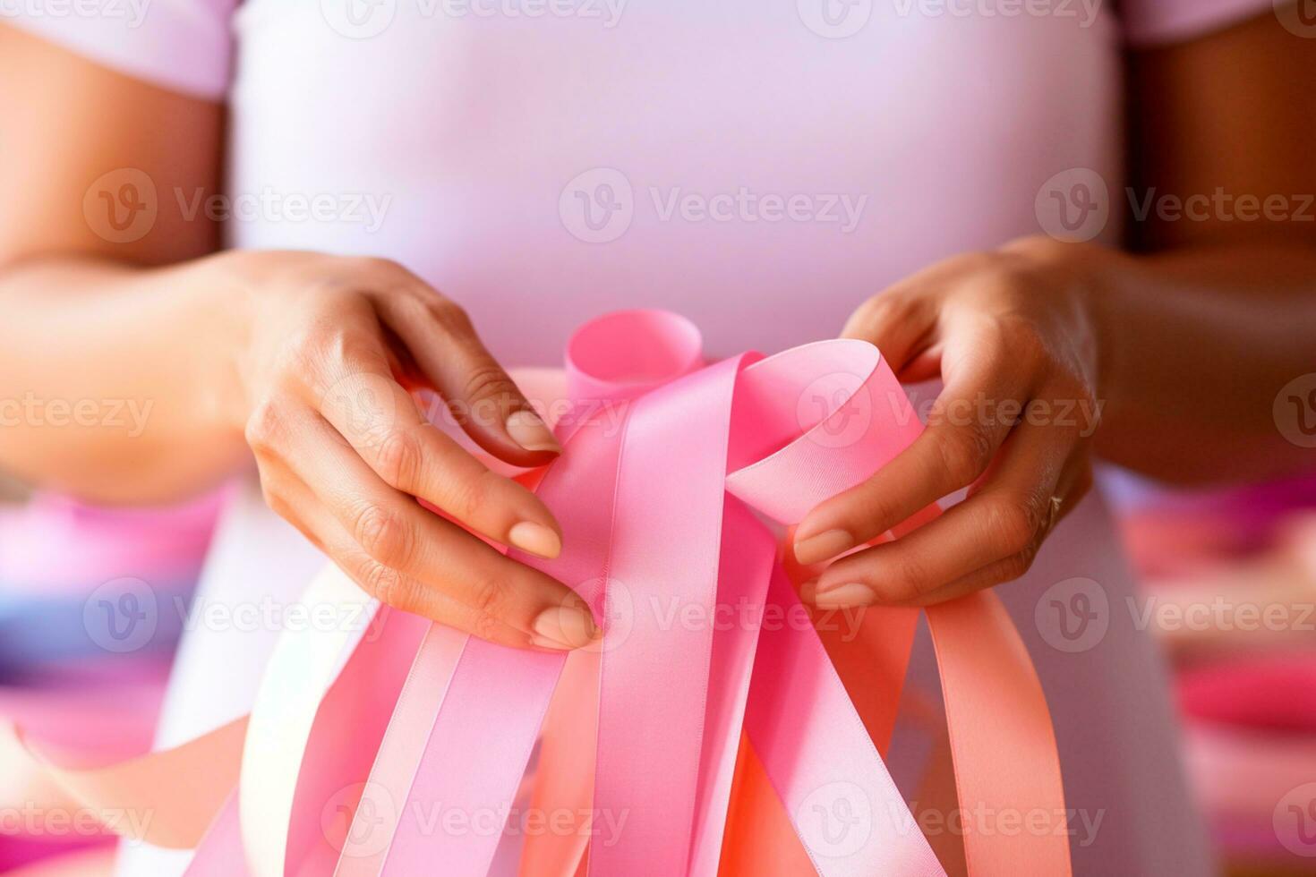 Pink October - Woman holding ribbons in pink tones, a symbol of awareness for the early detection of breast cancer.Together, we are stronger. We will beat breast cancer. AI Generative photo