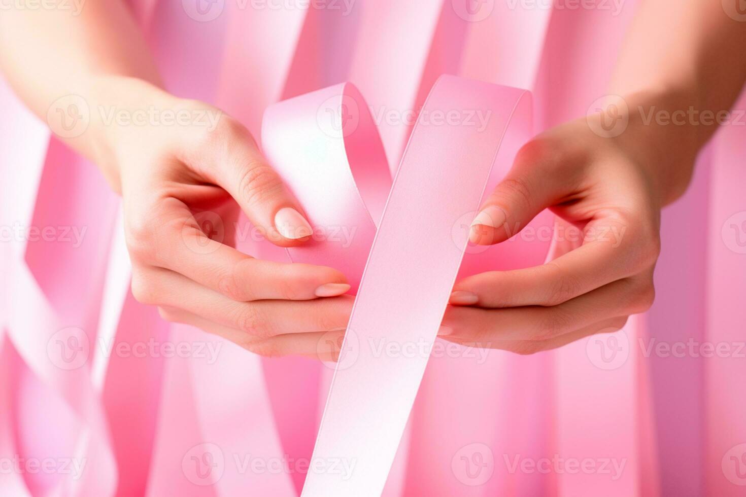 Pink October - Woman holding ribbons in pink tones, a symbol of awareness for the early detection of breast cancer.Together, we are stronger. We will beat breast cancer. AI Generative photo