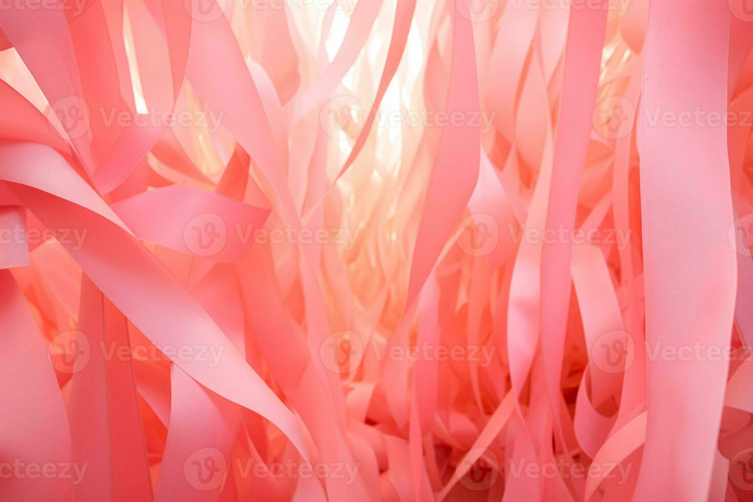 Pink October - Fight against breast cancer. Ribbons hang in soft pink tones, a symbol of awareness for the early detection of breast cancer. Ribbons in different shades of pink. AI Generative photo