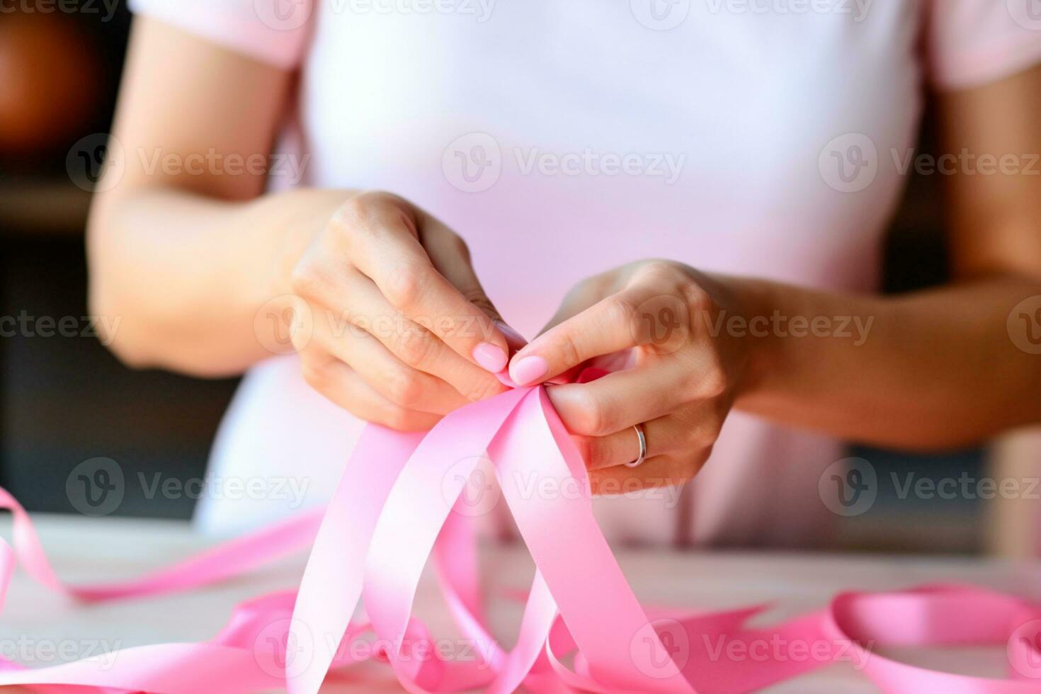 Pink October - Dedicated woman, lovingly weaving a pink ribbon, a symbol of awareness for the early detection of breast cancer. Together, we are stronger. We will beat breast cancer.. AI Generative photo