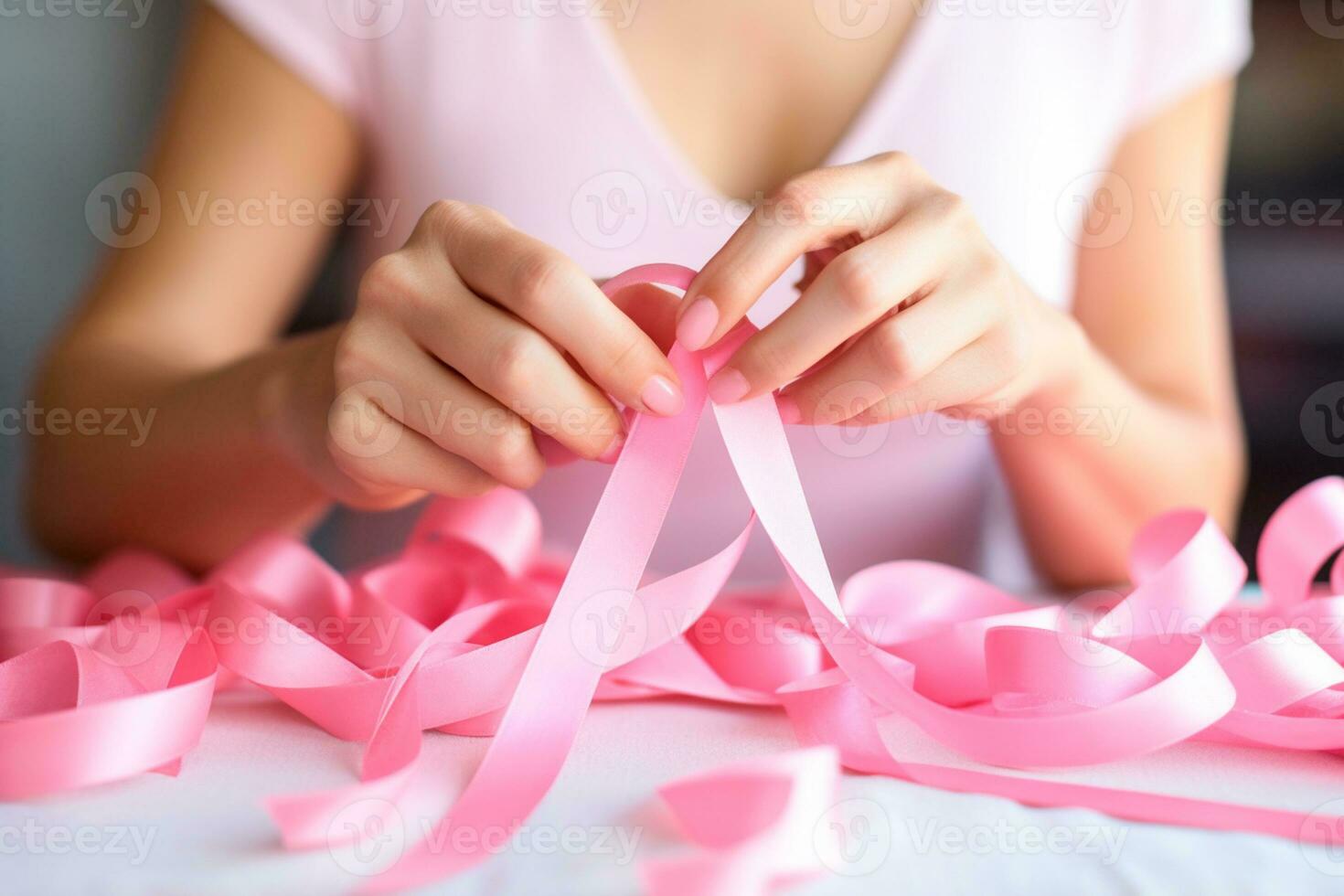 A powerful gesture of solidarity - a woman delicately weaves a pink ribbon, remembering the importance of early detection of breast cancer. Prevention is our shield against. AI Generative photo