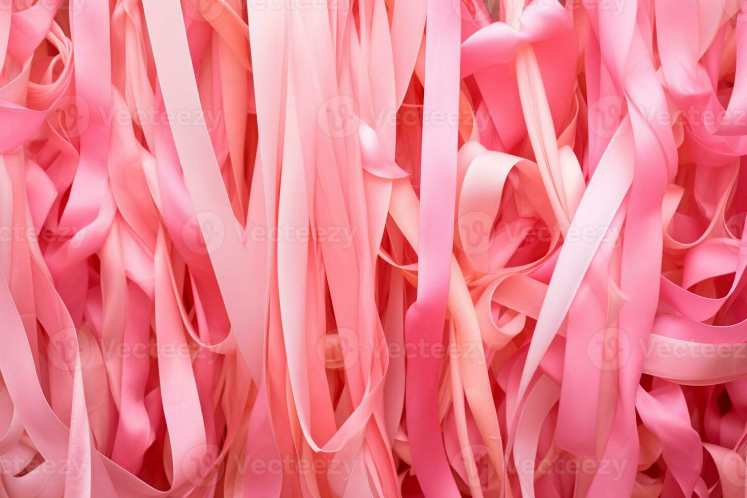 Pink October - Fight against breast cancer. Ribbons hang in soft pink tones, a symbol of awareness for the early detection of breast cancer. Ribbons in different shades of pink. AI Generative photo