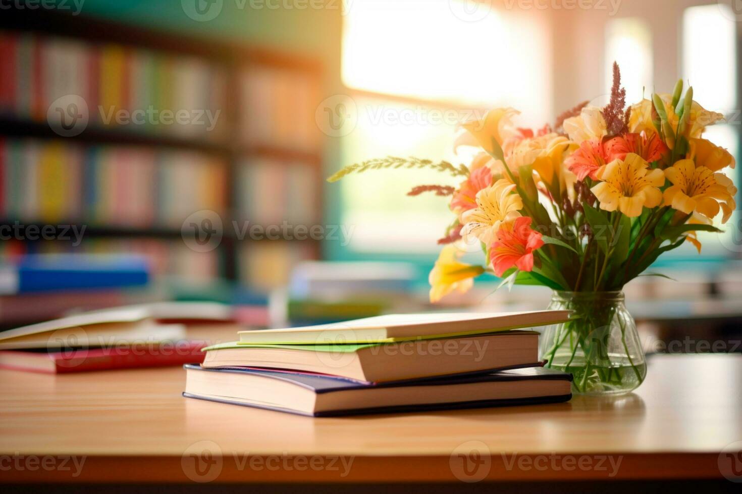 Teachers Day - Book and flowers delicately arranged on the table, celebrating the dedication and affection of educators. A special tribute to those who shape minds and hearts. photo