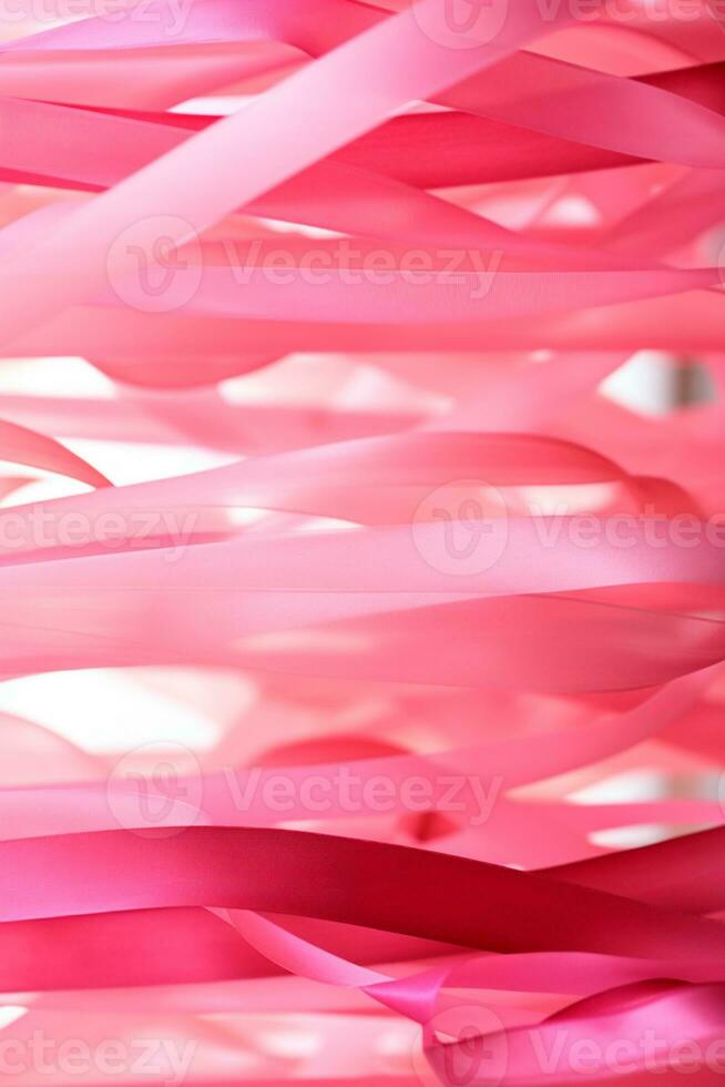 Pink October - Fight against breast cancer. Ribbons hang in soft pink tones, a symbol of awareness for the early detection of breast cancer. Ribbons in different shades of pink. AI Generative photo