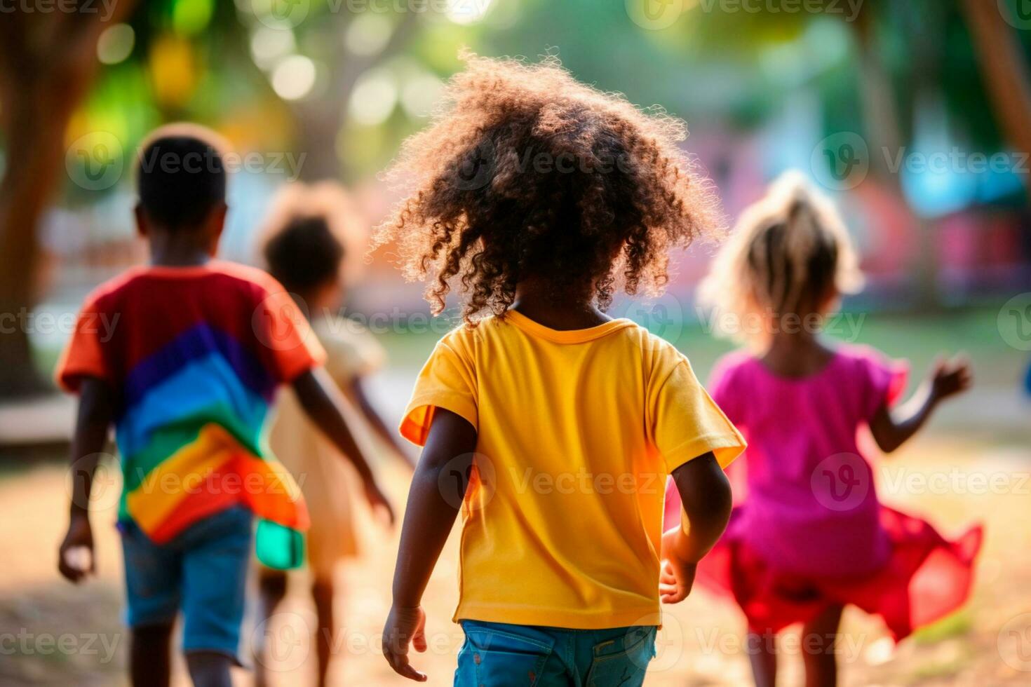 Children's Day - Children smiling at the end of the afternoon very happy. Boys and girls playing together, radiant smiles brightening the day. A child's smile is the greatest wealth. AI Generative photo