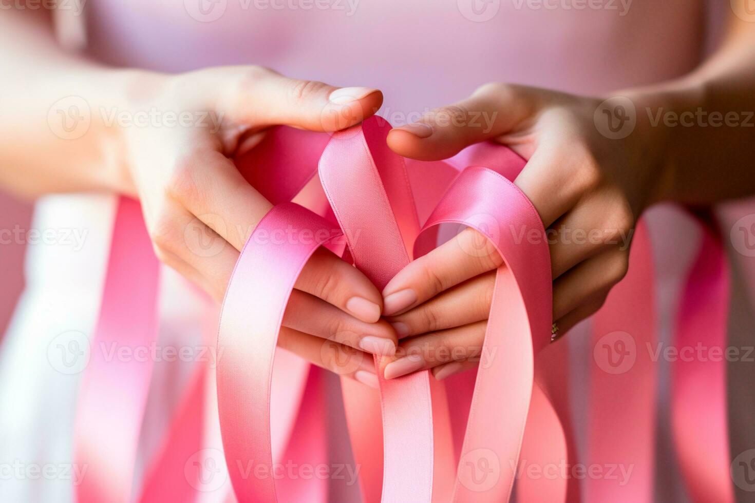 Pink October - Woman holding ribbons in pink tones, a symbol of awareness for the early detection of breast cancer.Together, we are stronger. We will beat breast cancer. AI Generative photo