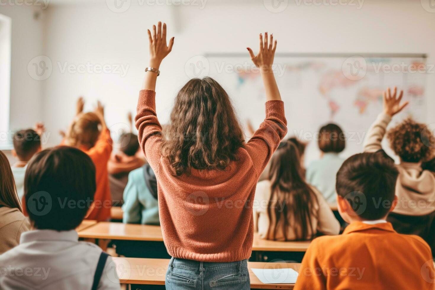 Teachers Day - Inspiring teacher at the front of the class, dedicated students raising their hands in sign of participation. On Teachers Day, we celebrate those who shape minds. AI Generative photo