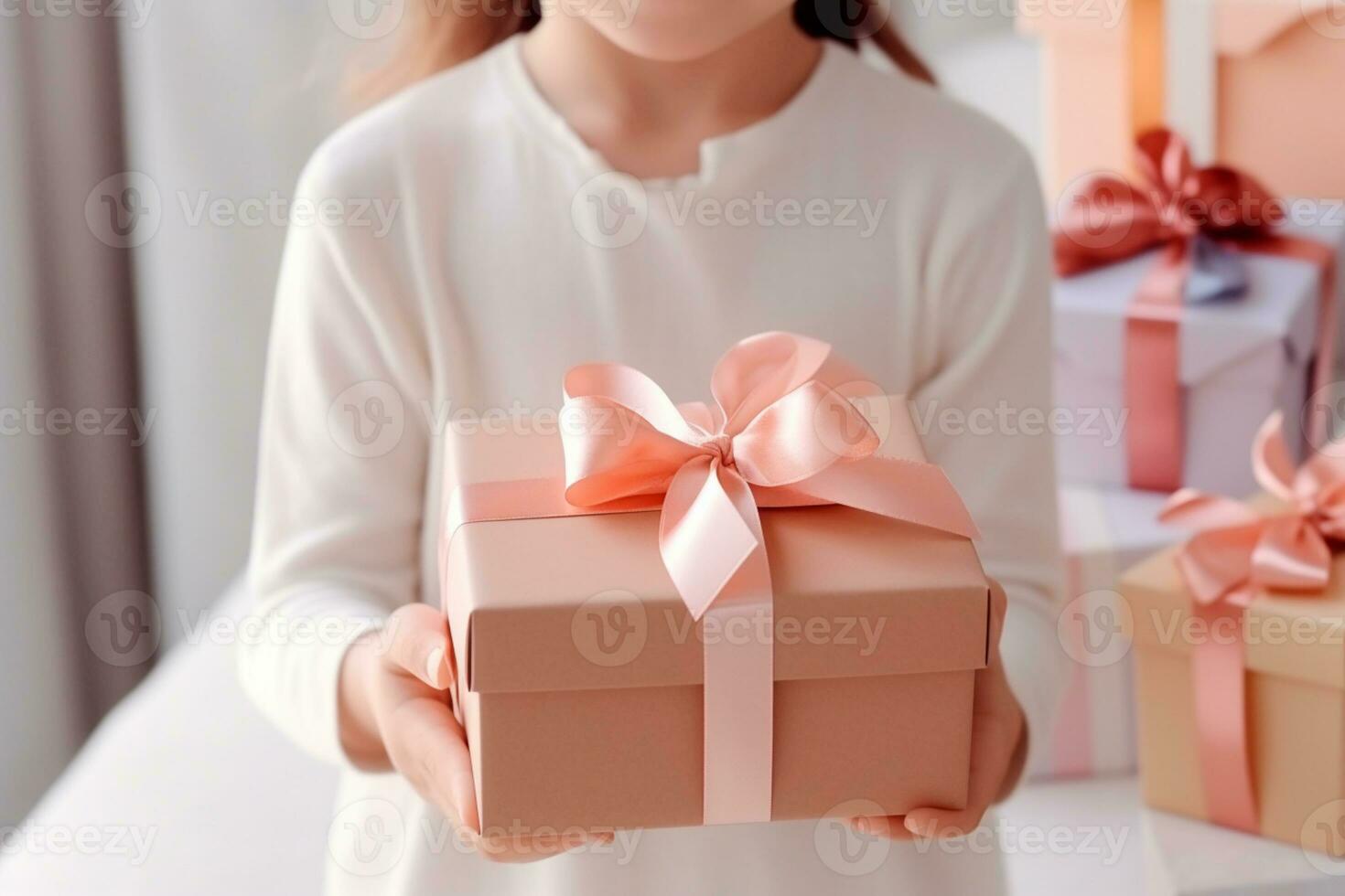 Children's Day - A very happy girl with a gift in her hands. Children's Day is a commemorative date, celebrated every year in honor of children. Each country has a celebration date. AI Generative photo