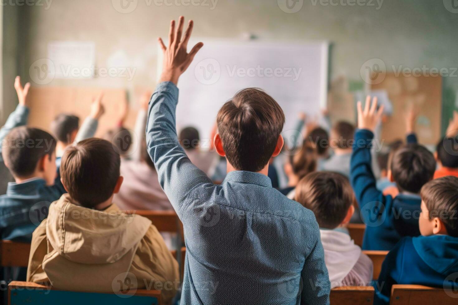 Teachers Day - Inspiring teacher at the front of the class, dedicated students raising their hands in sign of participation. On Teachers Day, we celebrate those who shape minds. AI Generative photo