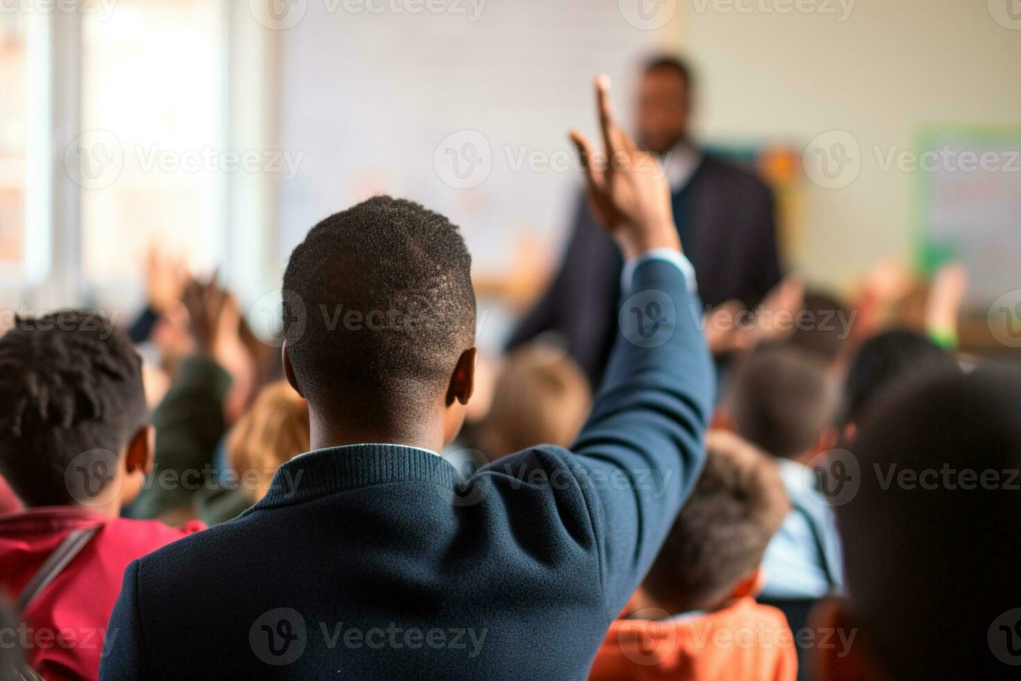 profesores día - inspirador profesor a el frente de el clase, dedicado estudiantes levantamiento su manos en firmar de participación. en profesores día, nosotros celebrar esos quien forma mentes ai generativo foto