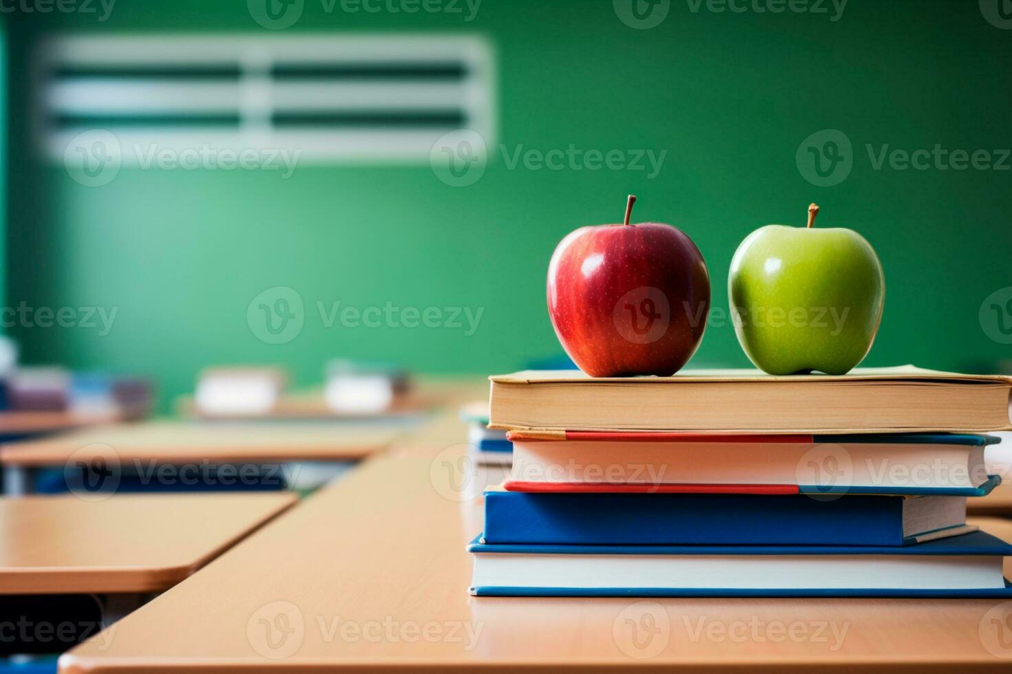 Teachers Day - Books and apples, symbols of knowledge and gratitude, adorn the table in celebration of the day of educators who shape minds and hearts. AI Generative photo