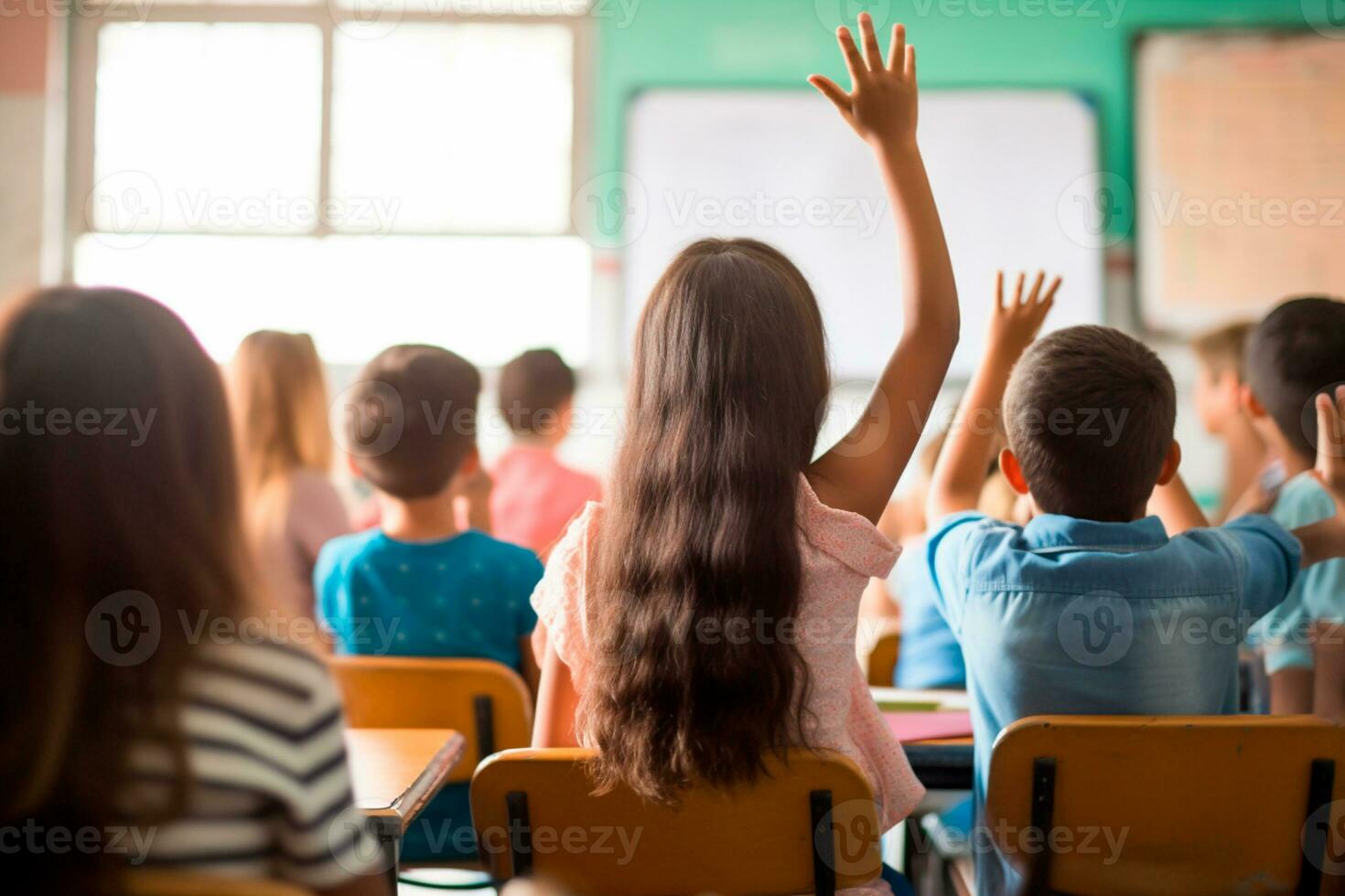 Teachers Day - Inspiring teacher at the front of the class, dedicated students raising their hands in sign of participation. On Teachers Day, we celebrate those who shape minds. AI Generative photo