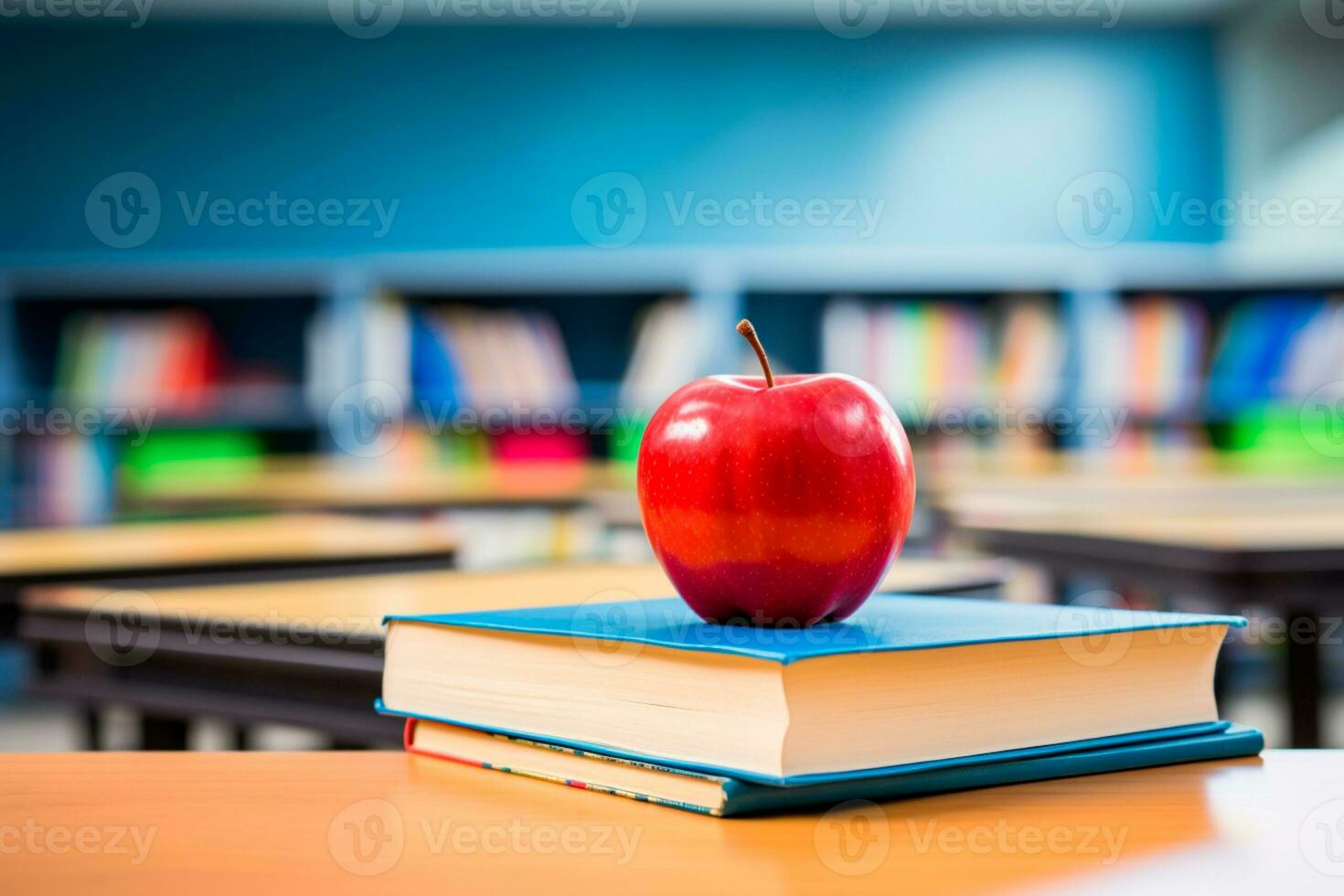 Teachers Day - Books and apples, symbols of knowledge and gratitude, adorn the table in celebration of the day of educators who shape minds and hearts. AI Generative photo