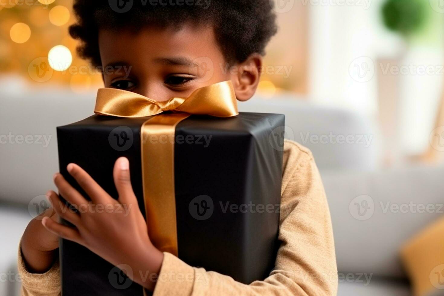 Children's Day - A child of African descent receiving a very happy gift. Children's Day is a commemorative date, celebrated every year in honor of children. Each country has a  AI Generative photo