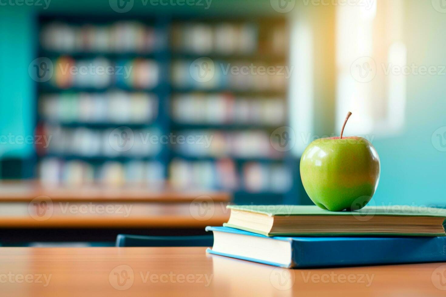 Teachers Day - Books and apples, symbols of knowledge and gratitude, adorn the table in celebration of the day of educators who shape minds and hearts. AI Generative photo