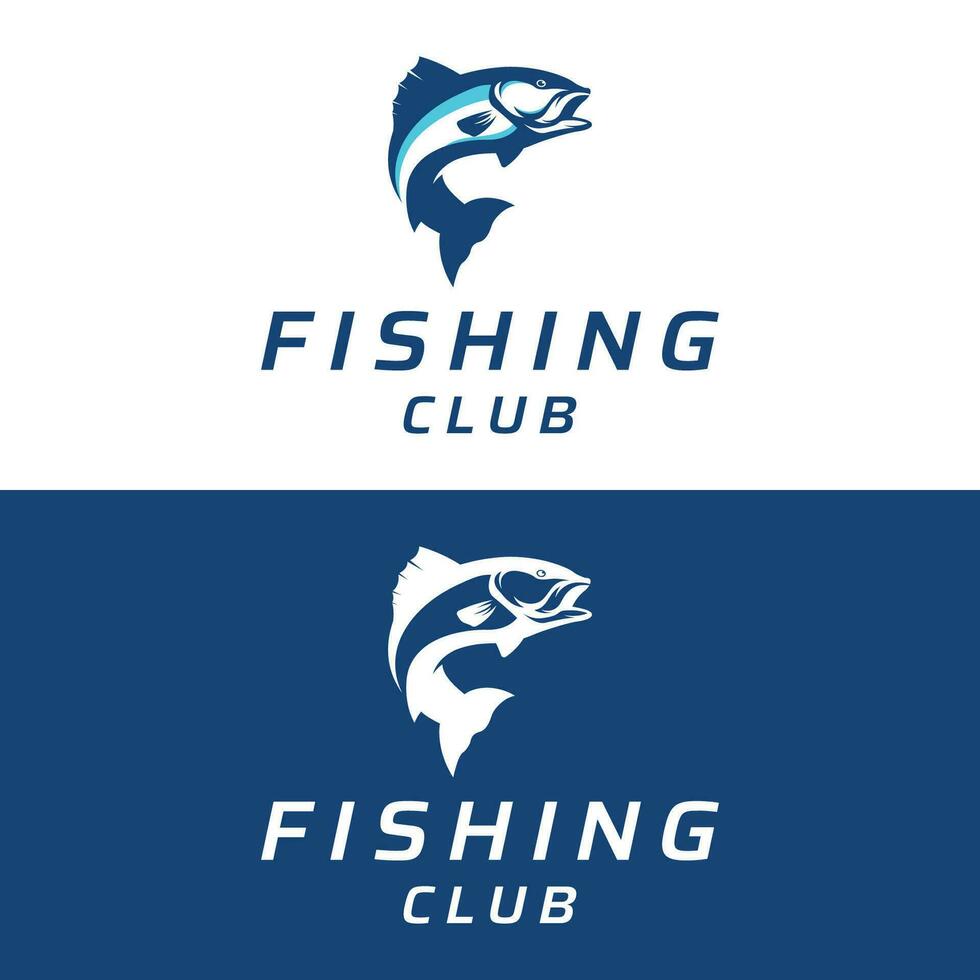 Fishing club Logo design with creative angler and jumping fish. vector