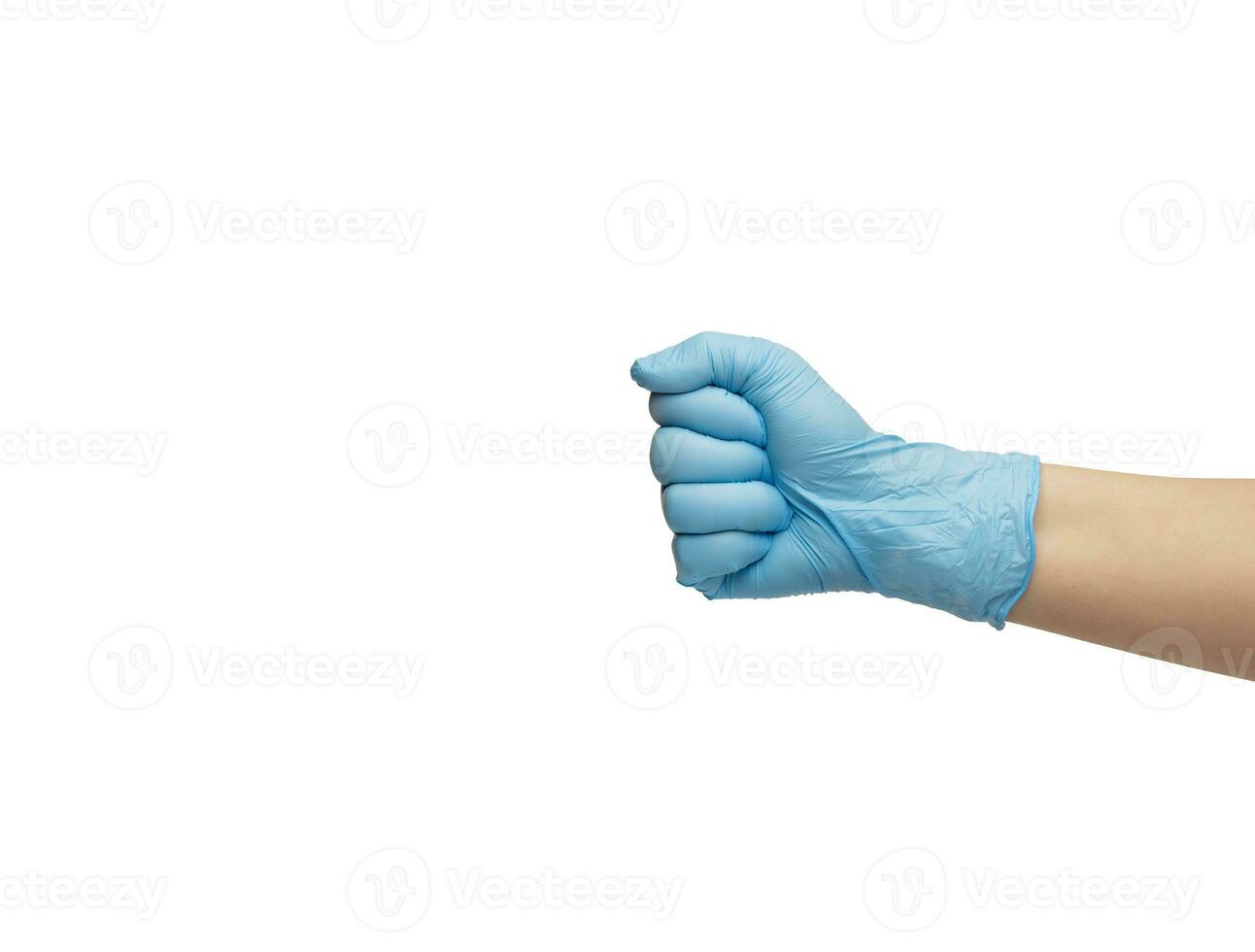 a hand in a blue nitrile glove is clenched into a fist. isolated on white background. High quality photo. High quality photo