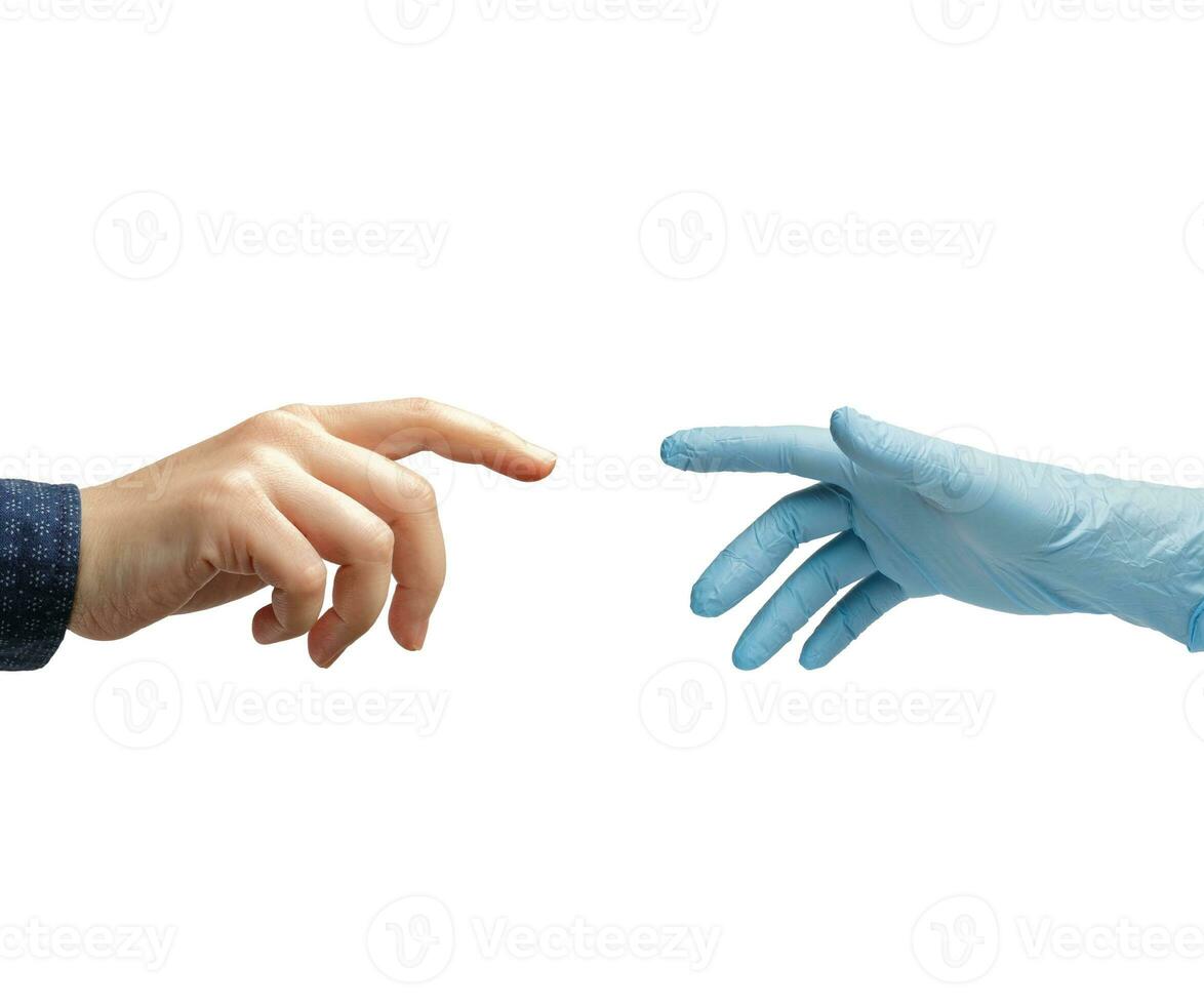 palm in the glove of nitrile stretches to the hand of an invisible man. isolated on the white background. High quality photo