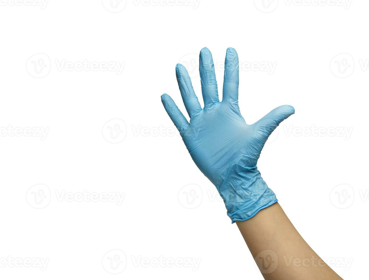 hand an invisible man in a blue glove made of nitrile shows a gesture of the palm. isolated on a white background. photo