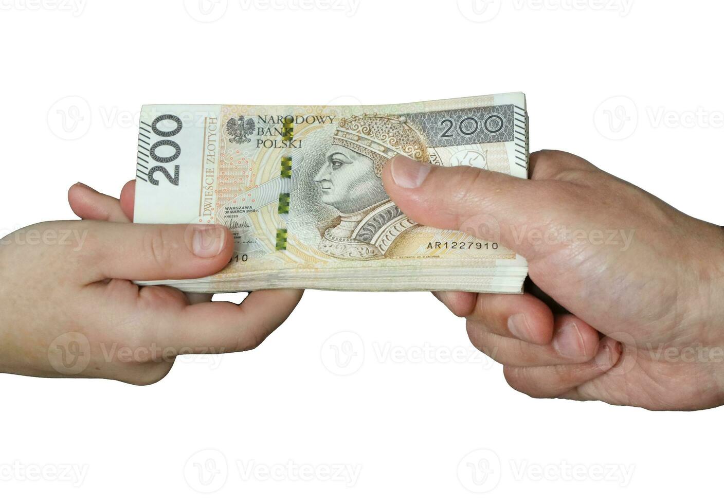 male and female hands holding a bundle of large bills on both sides on the white background. selective focus. High quality photo
