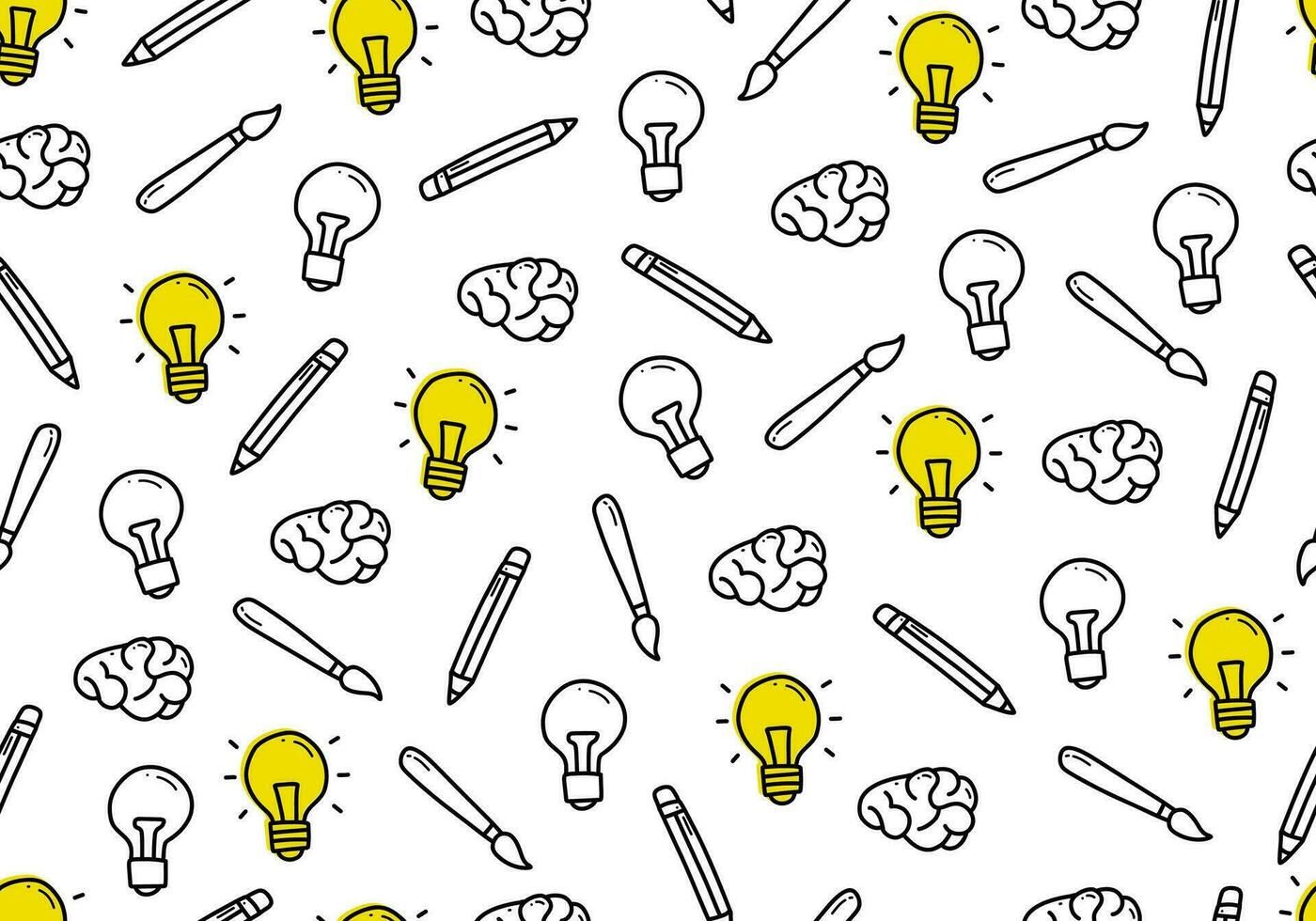 Doodle idea and creativity light bulb and brain outline icon seamless pattern backdrop. vector background pattern for study, education or school design project