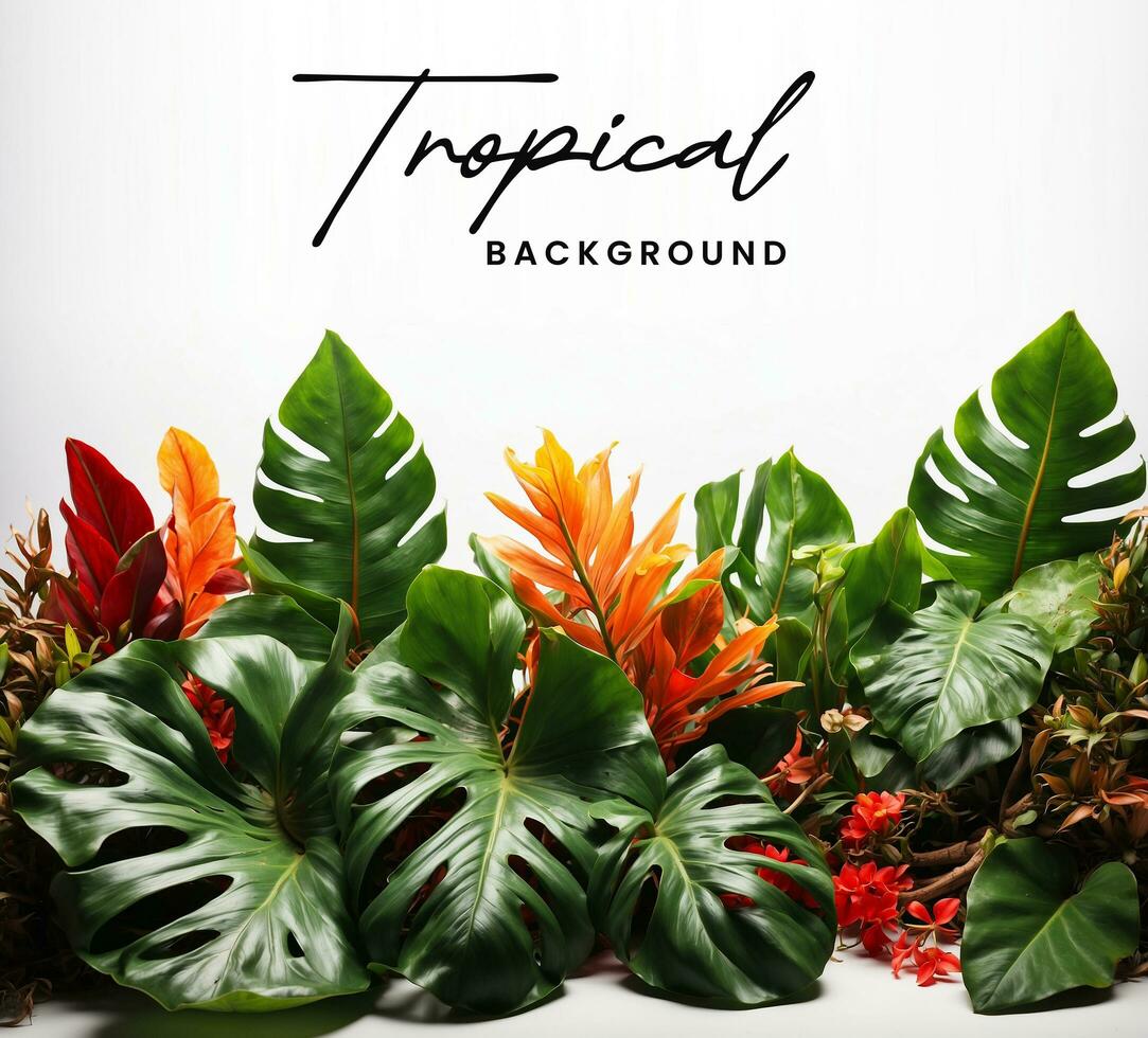 AI generated Tropical foliage at the bottom on isolated white background with copy space. photo