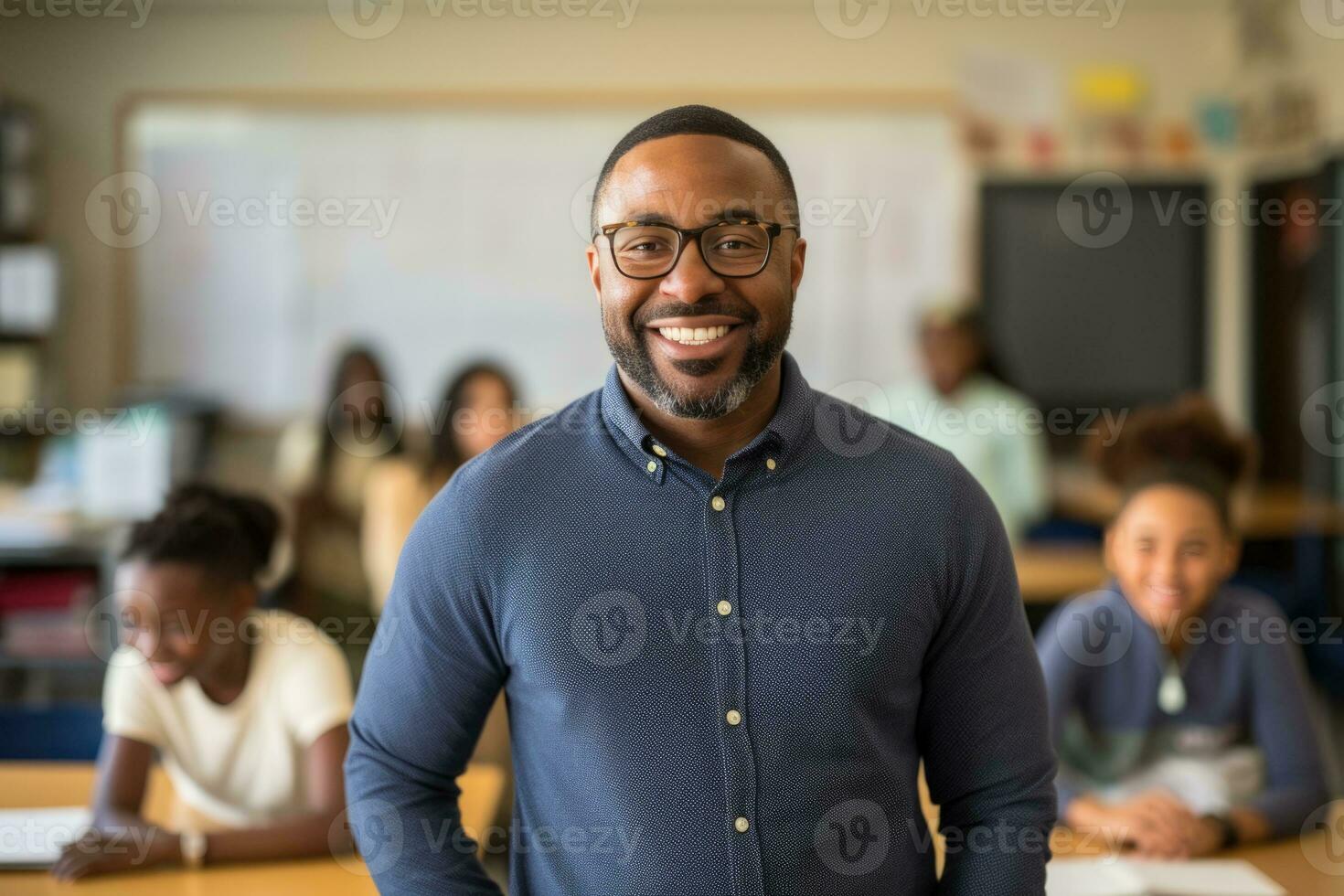 smiling African American man wearing glasses teaching in classroom. AI Generated photo