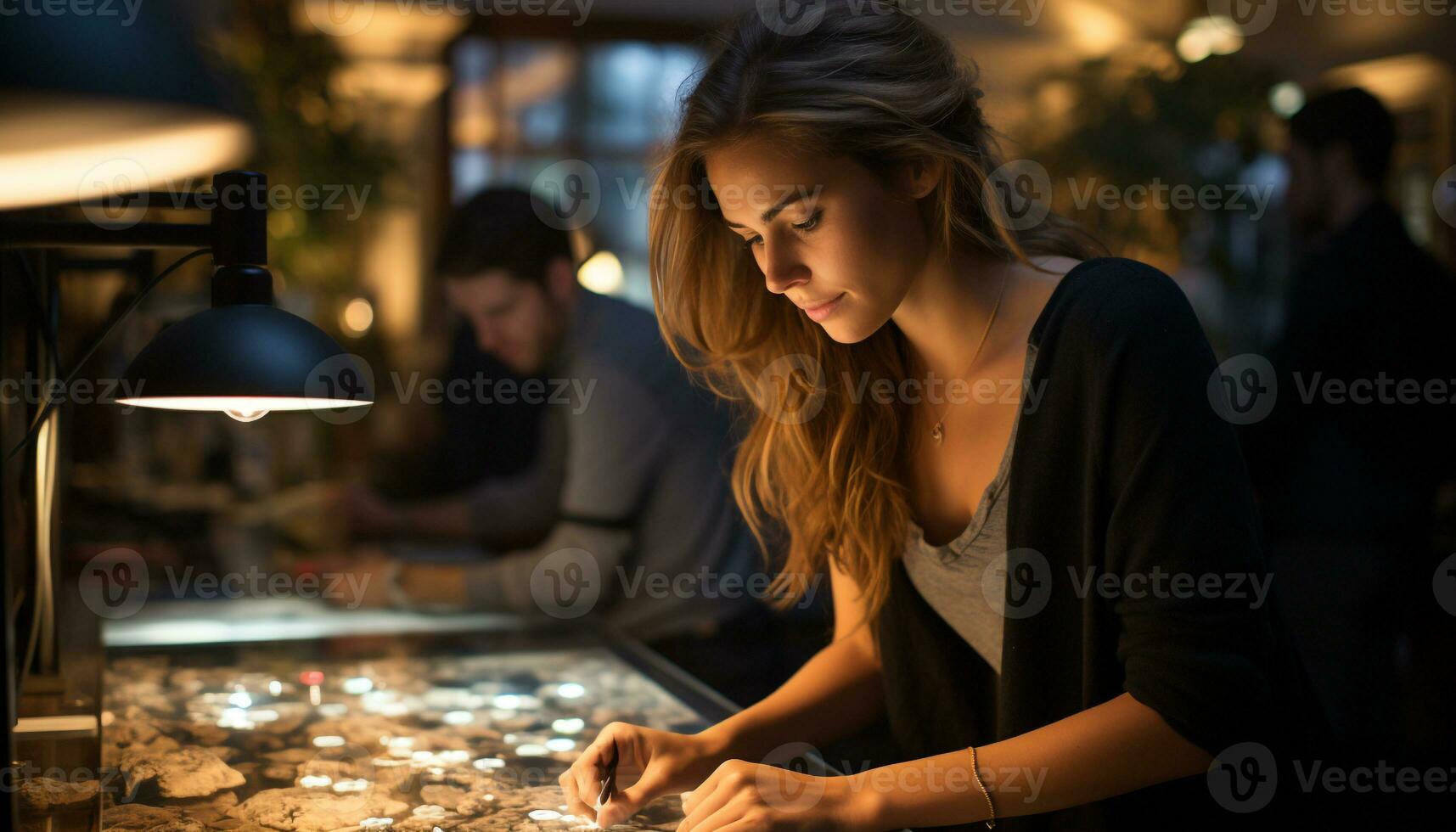 ai generado joven mujer y hombres sentado a bar, disfrutando bebidas y sonriente generado por ai foto