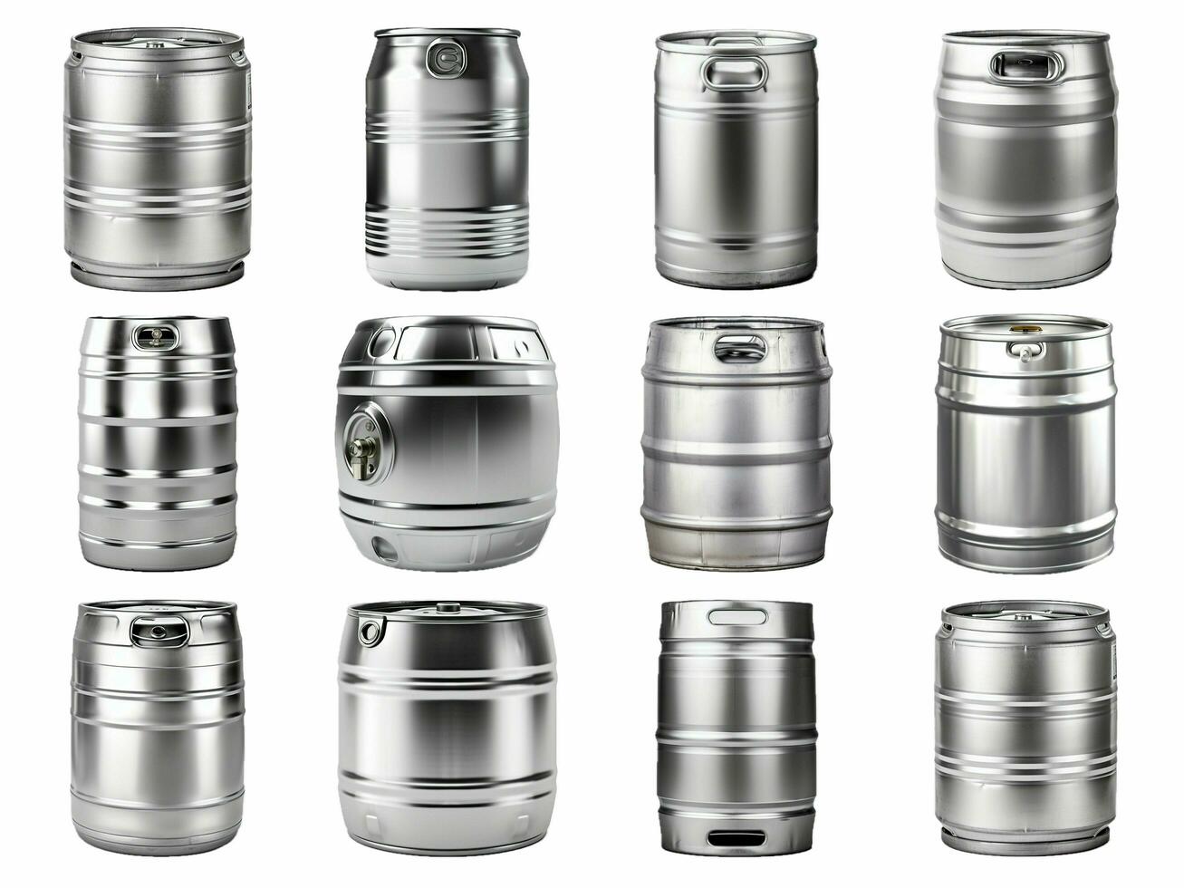 AI generated metal beer keg collection isolated on white background. photo