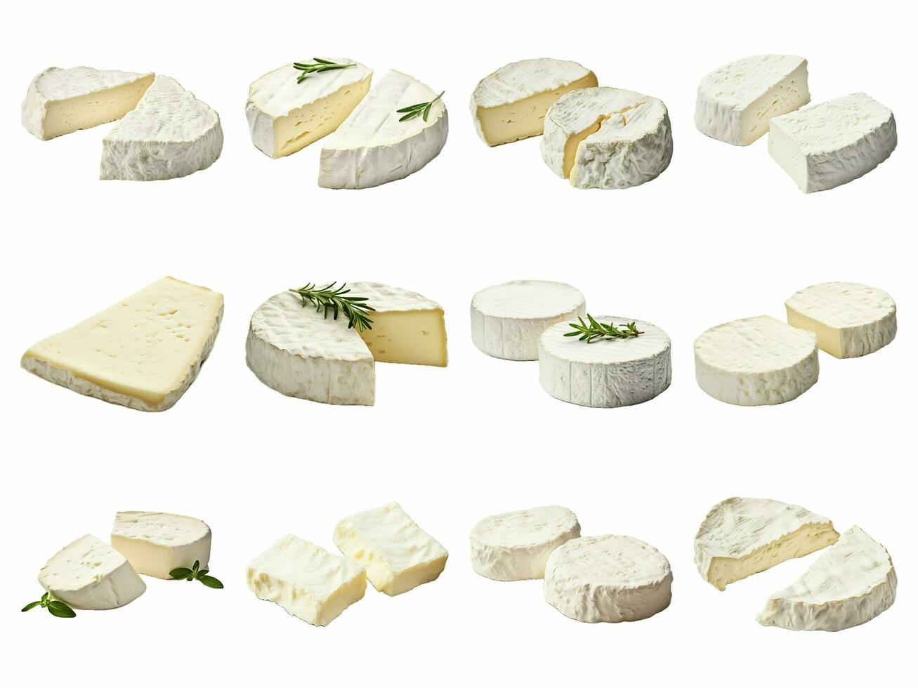 AI generated Two pieces of white mold soft cheese collection isolated on white background photo