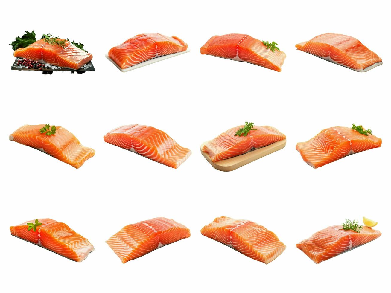 AI generated raw salmon fillet collection isolated on white background photo