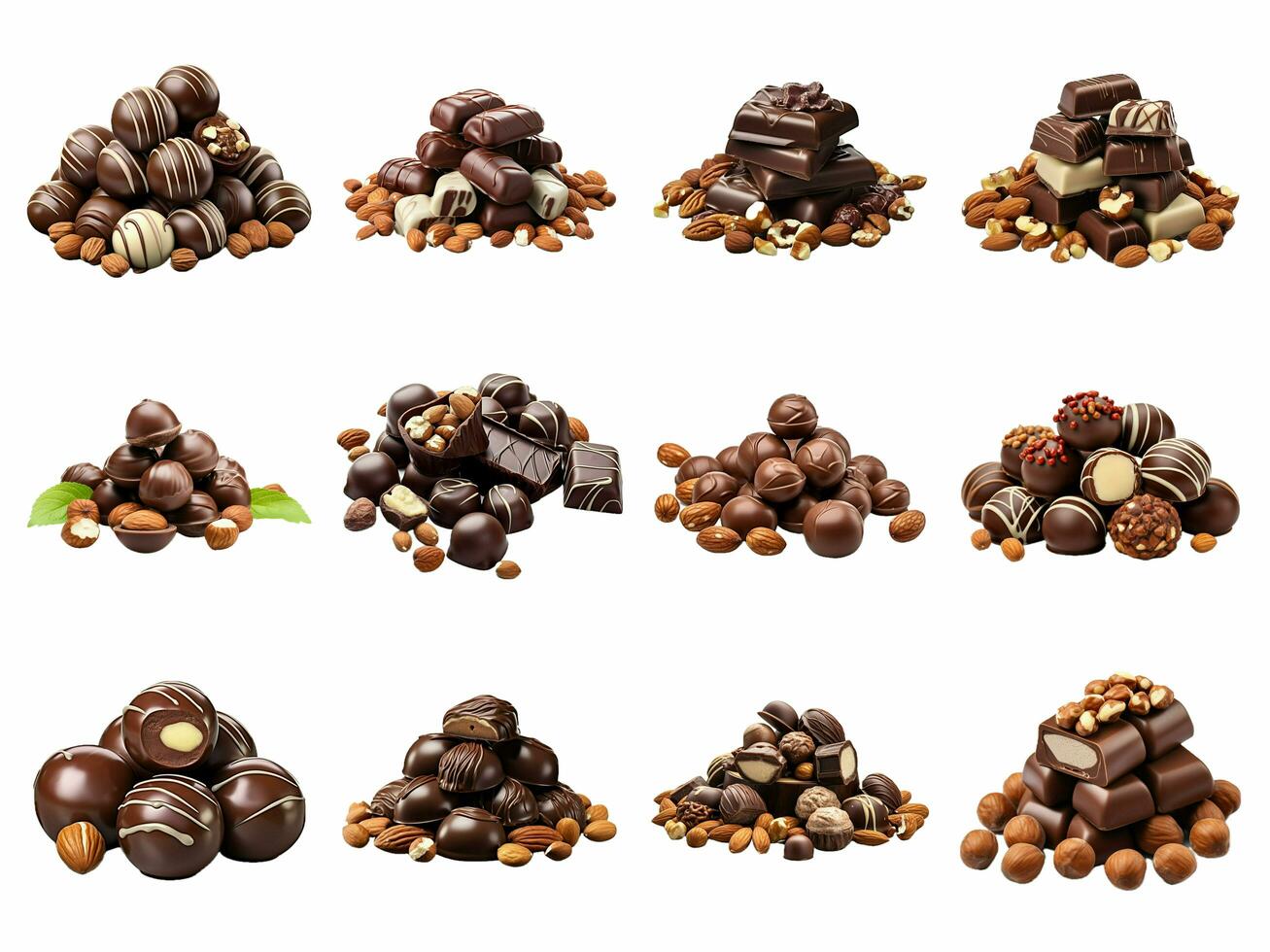 AI generated chocolate truffle candy collection isolated on white background photo