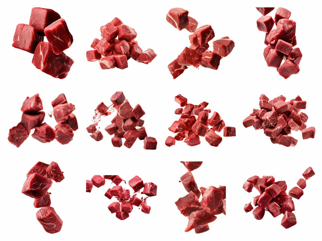 AI generated Falling meat beef cubes collection isolated on white background photo