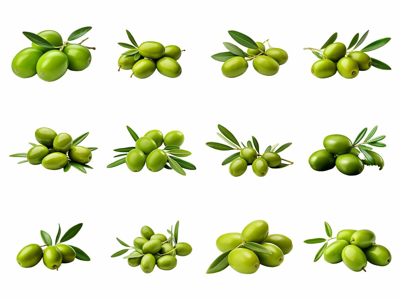 AI generated Green olives with leaves collection isolated on white background photo