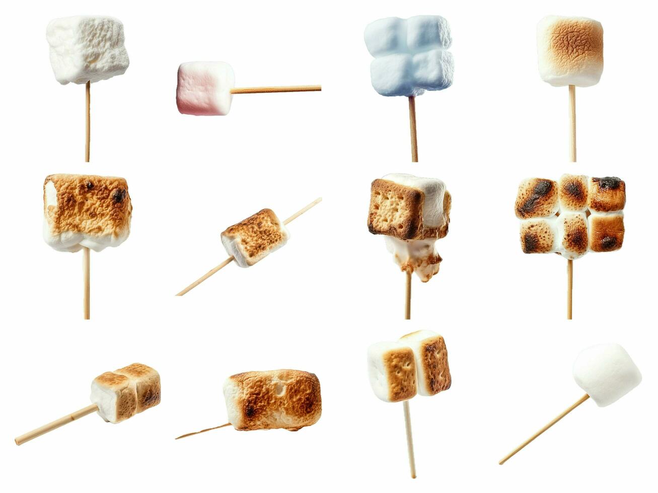 AI generated marshmallow in a stick collection isolated on white background. photo