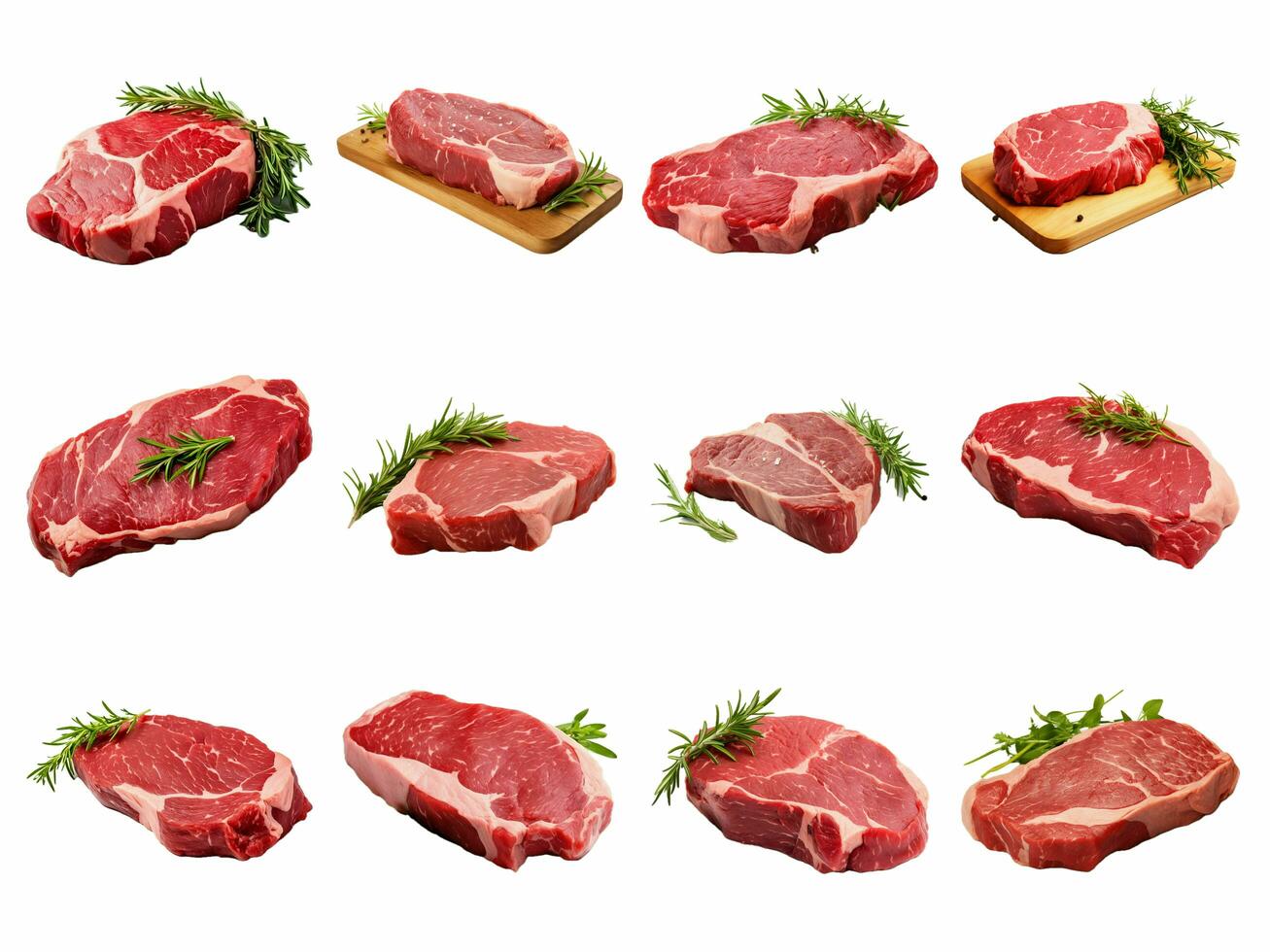 AI generated fresh raw beef steak collection isolated on white background photo