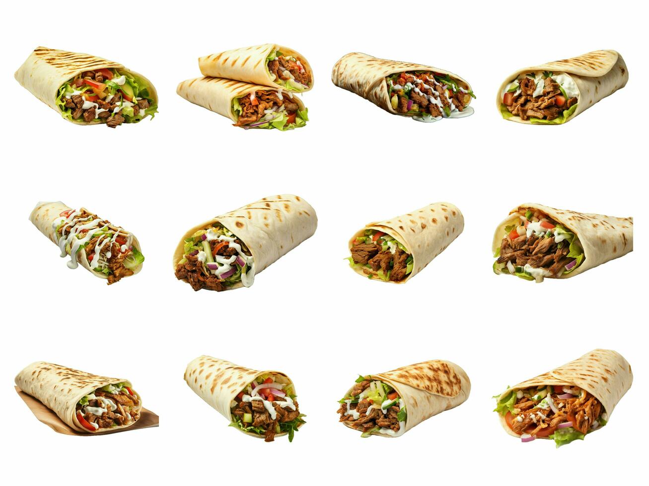 AI generated shawarma sandwich collection isolated on white background photo