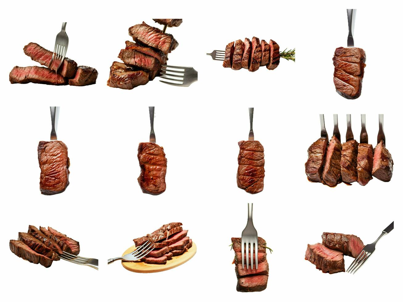AI generated slices of beef steak on a frok collection isolated on white background photo