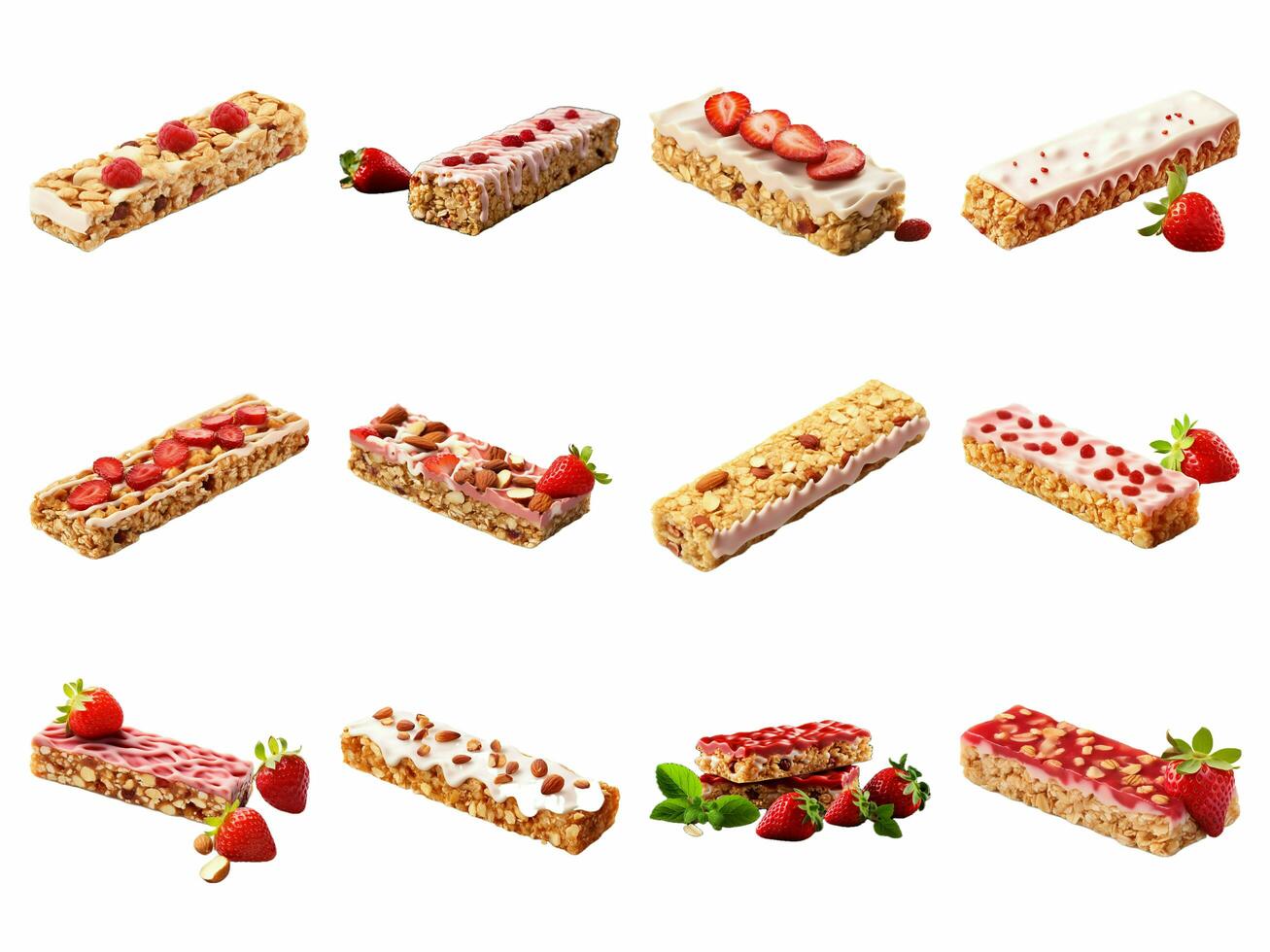 AI generated strawberry oat and nut bar collection isolated on white background photo