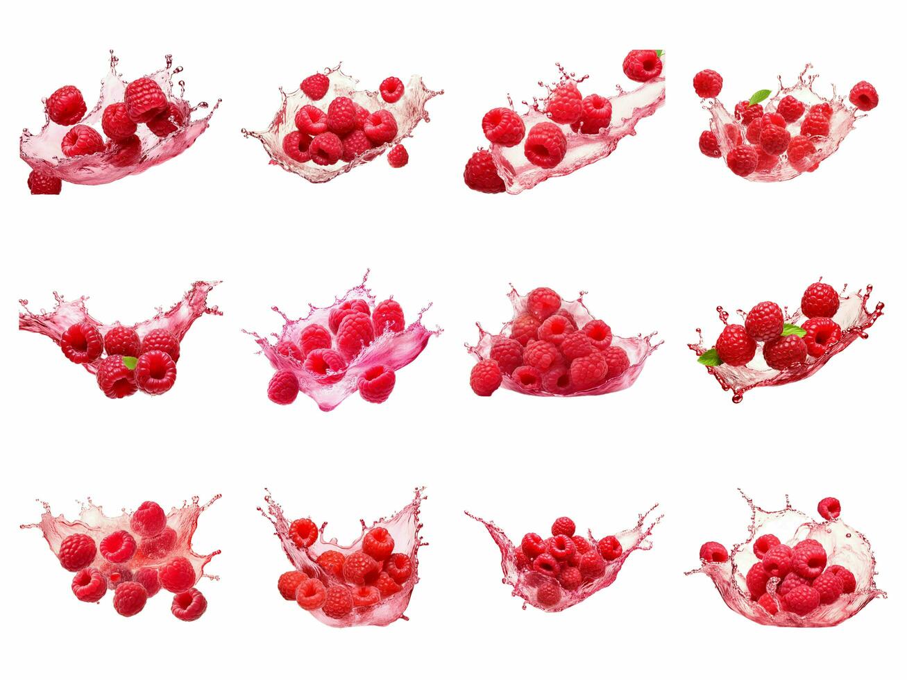 AI generated raspberries in juice splash collection isolated on white background photo