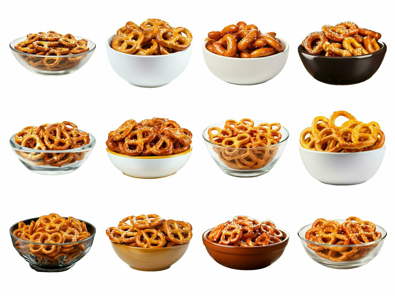 AI generated salted pretzels in bowl collection isolated on white background photo