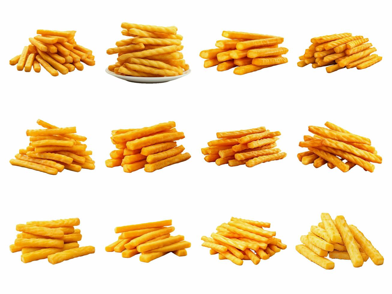AI generated pile of tasty cheese sticks collection isolated on white background photo