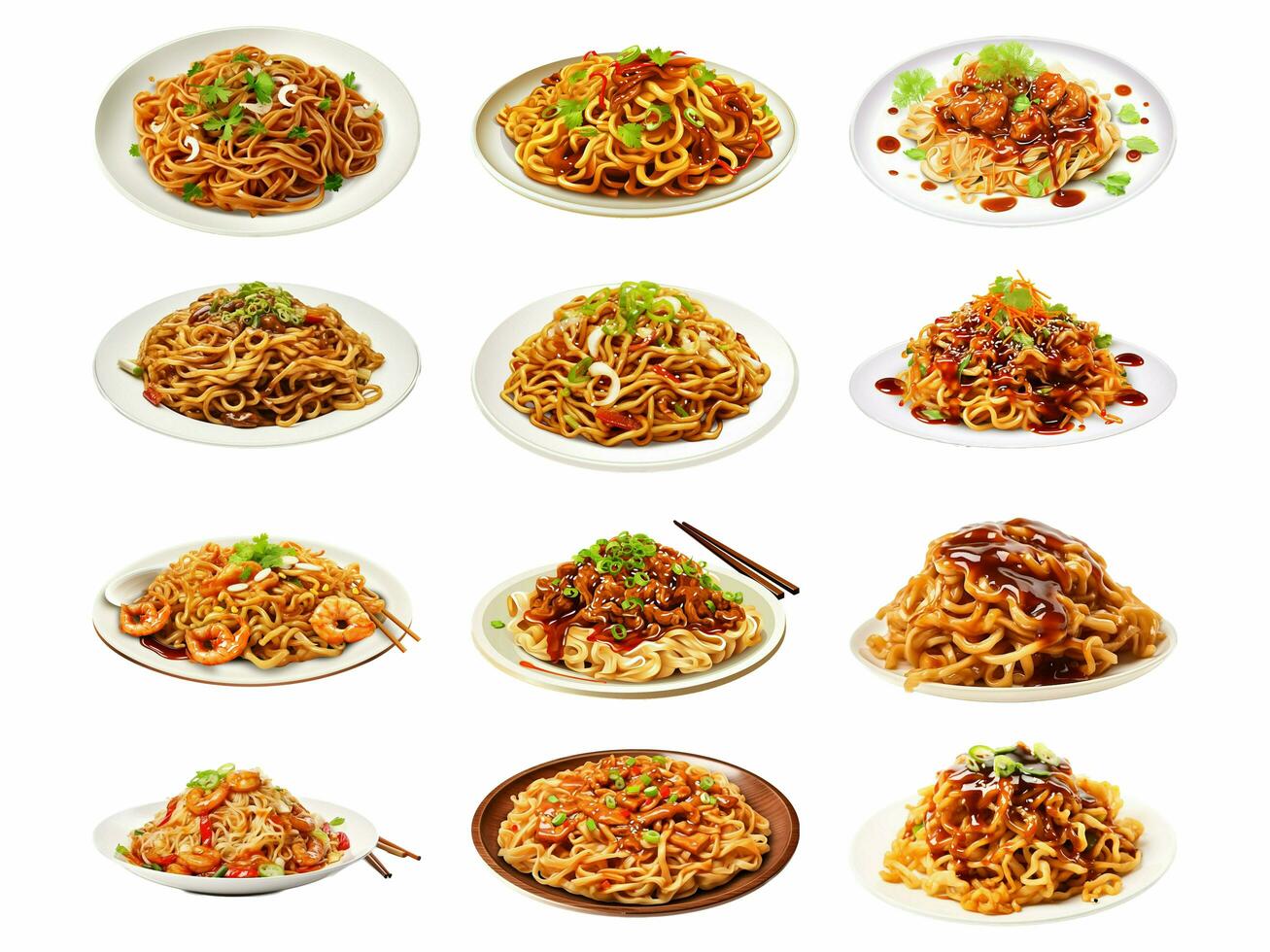 AI generated Cantonese Soy Sauce Pan Fried Noodles collection isolated on white background photo