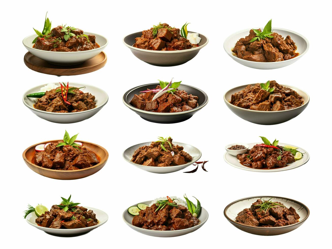 AI generated Beef Rendang collection isolated on white background photo