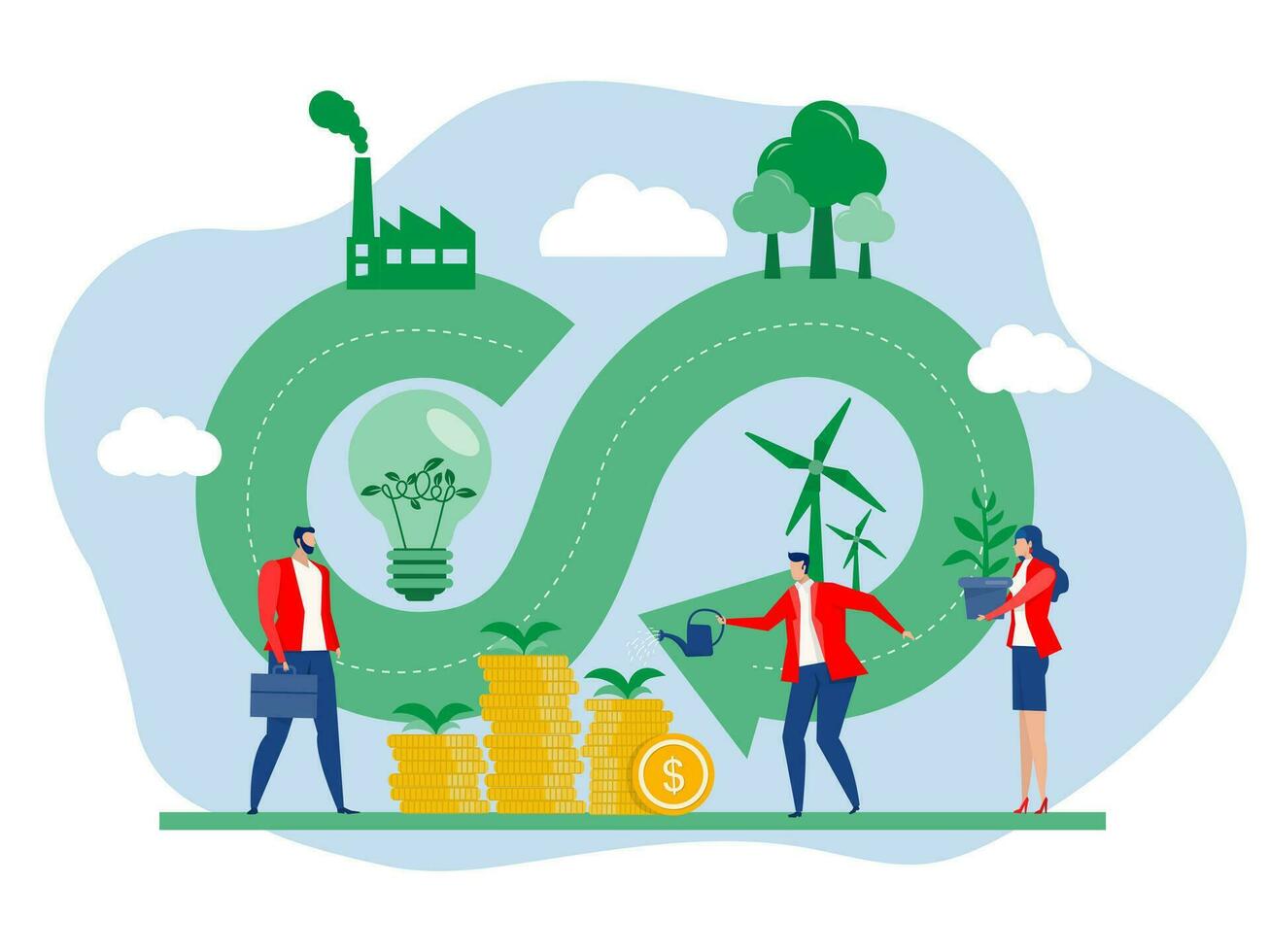 circular o bcg economía inversión, verde energía ambiente, sostenible industria con molino y solar energía paneles ambiental, renovable y reutilizar natural recursos concepto.vector vector