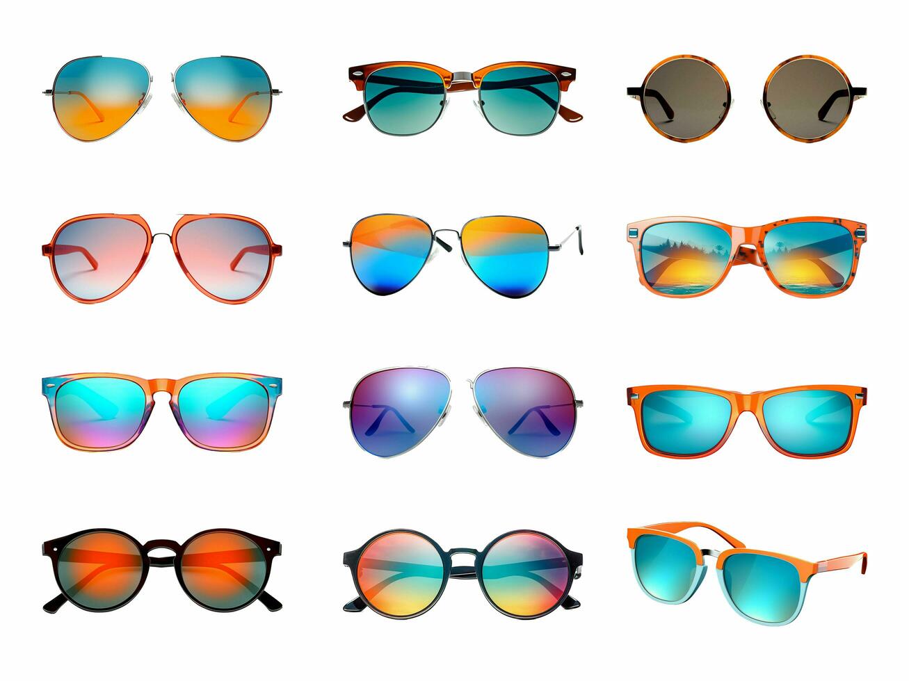 Gafas de sol colección aislado en blanco antecedentes con ai generado. foto
