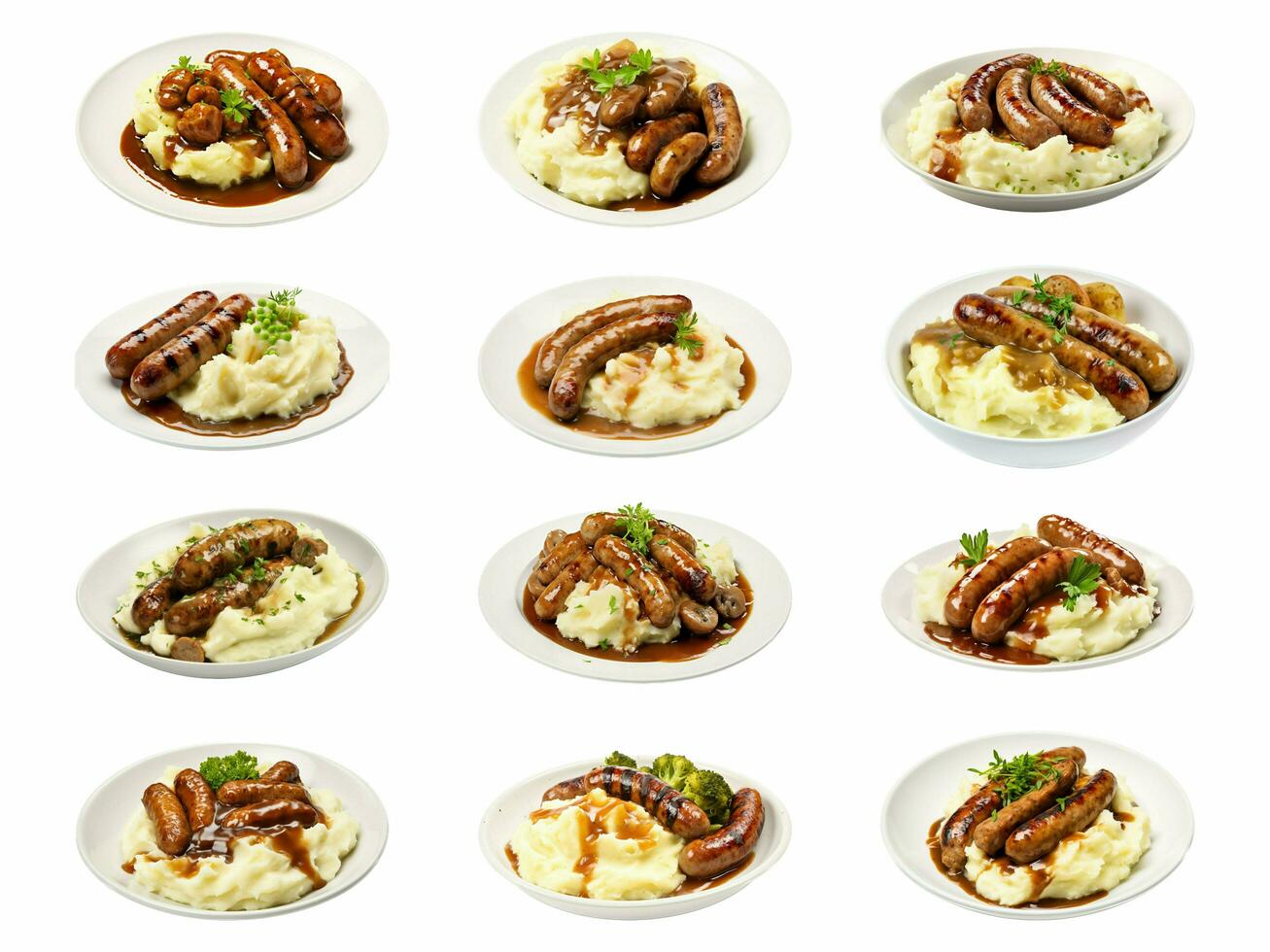 Bangers and mash collection isolated on white background with AI generated. photo