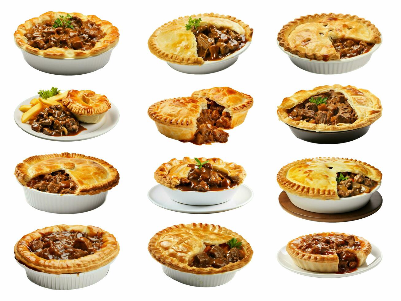 steak and kidney pie collection isolated on white background with AI generated. photo