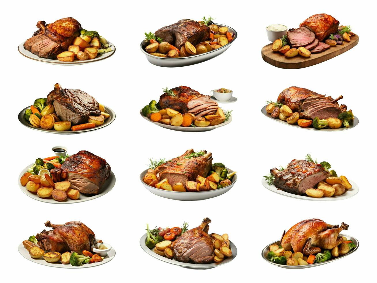 Sunday roast collection isolated on white background with AI generated. photo